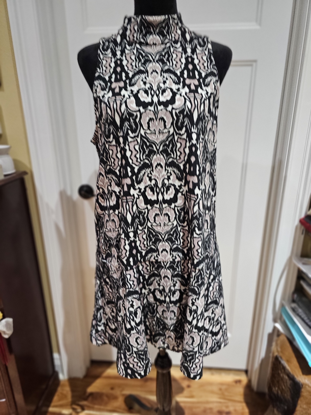Free People Black, Pink & Cream Patterned High-Neck Mini Dress